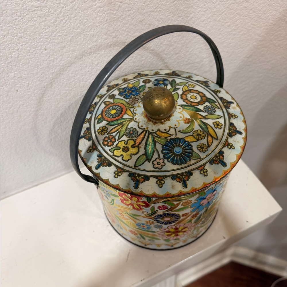 Vintage Daher Floral Tin Container England Metal Ice Bucket Style - Picture 2 of 5